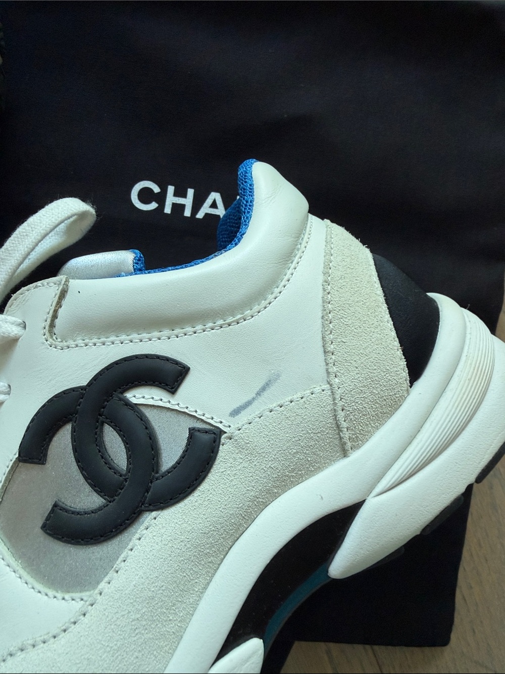 CHANEL White Leather Sneakers with Blue and Silver - Picture 3 of 9